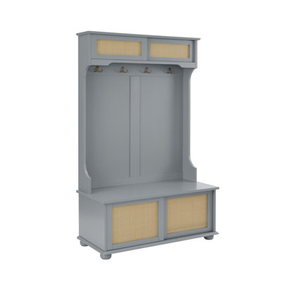 Clothes Hanger Hall Tree Storage Bench Shoe Rack For Entryway, Hall Tree With Bench And Shoe Storage, Hall Tree Entryway Bench With Rattan Door Gray