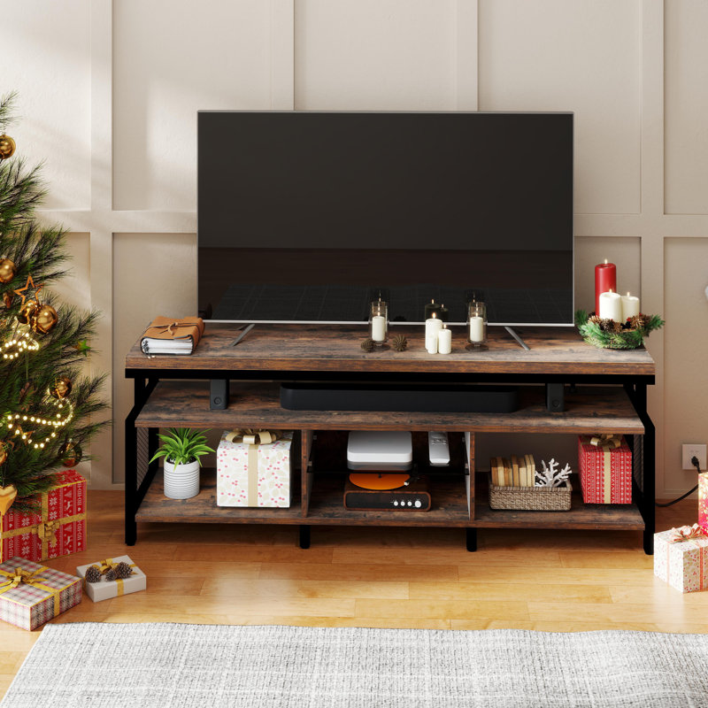 Modern Industrial LED Entertainment Center TV Stands With Power Outlets & Open Storage For Living Room, Rustic Brown/Black