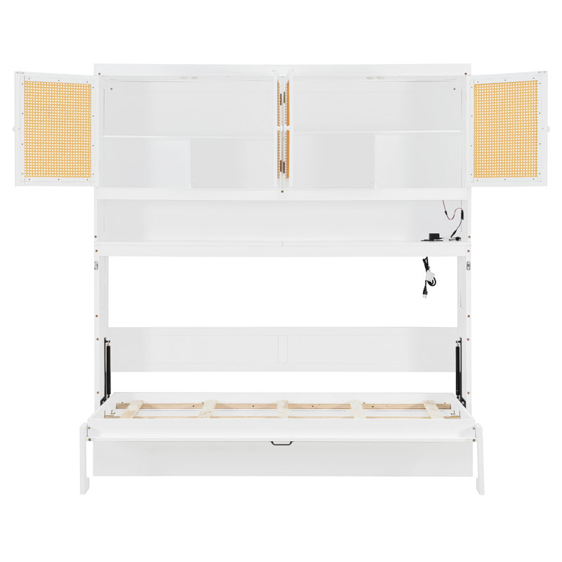 Lit escamotable simple avec armoire supérieure, lit pliable peu encombrant avec éclairage et port USB, blanc, Blanc