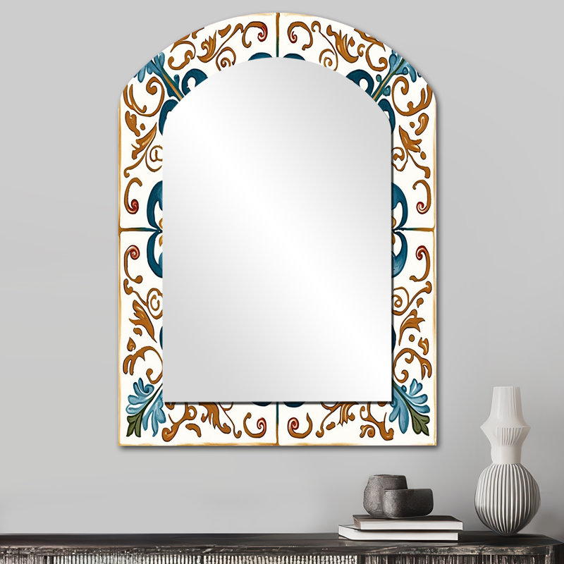 Méditerranée, carreaux en bleu rétro VI - miroir décoratif arqué en tuile, 34 po x 25 po