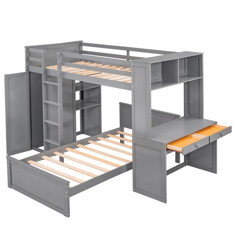 Lit mezzanine simple avec lit autonome, tablettes, bureau et garde-robe, Gris, Simple sur simple
