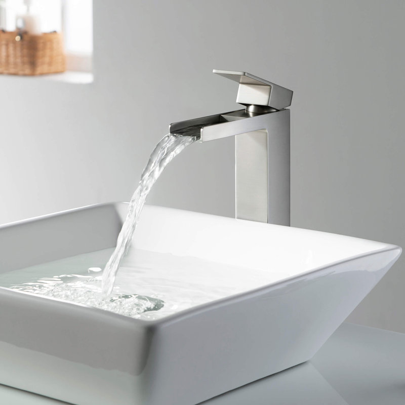 Waterfall Single-handle Bathroom Faucet with Drain Assembly, Brushed Nickel, With Pop Up Drain