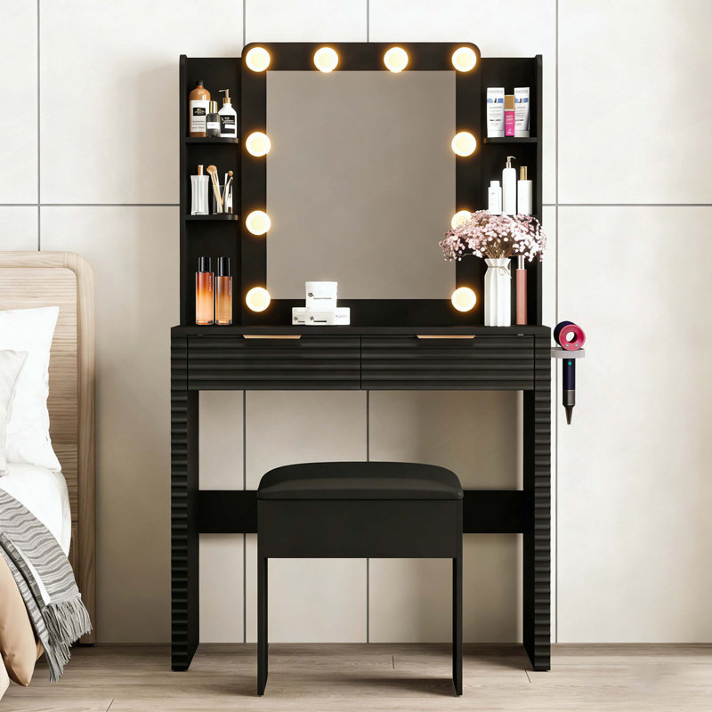Bureau de maquillage avec 10 ampoules Hollywood, coiffeuse cannelée avec station de charge, 2 tiroirs et 4 tablettes ouvertes, support pour sèche-cheveux, tabouret rembourré avec rangement, noir