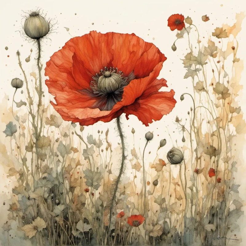 «Field Reverie», aquarelle sur toile coquelicot, H 20 po x l 20 po