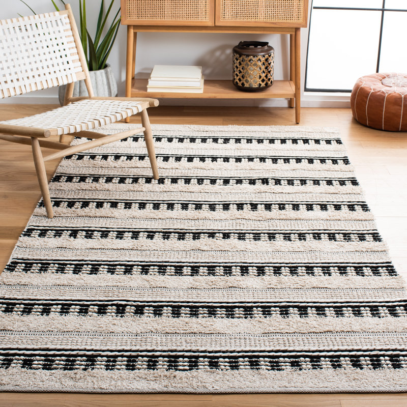 Alva Striped Handwoven Cotton Area Rug in Beige/Black, Rectangle 8' x 10'