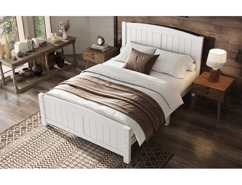 Lit plateforme double, lit plateforme en bois massif avec lattes de soutien et structure solide, sans sommier tapissier, blanc
