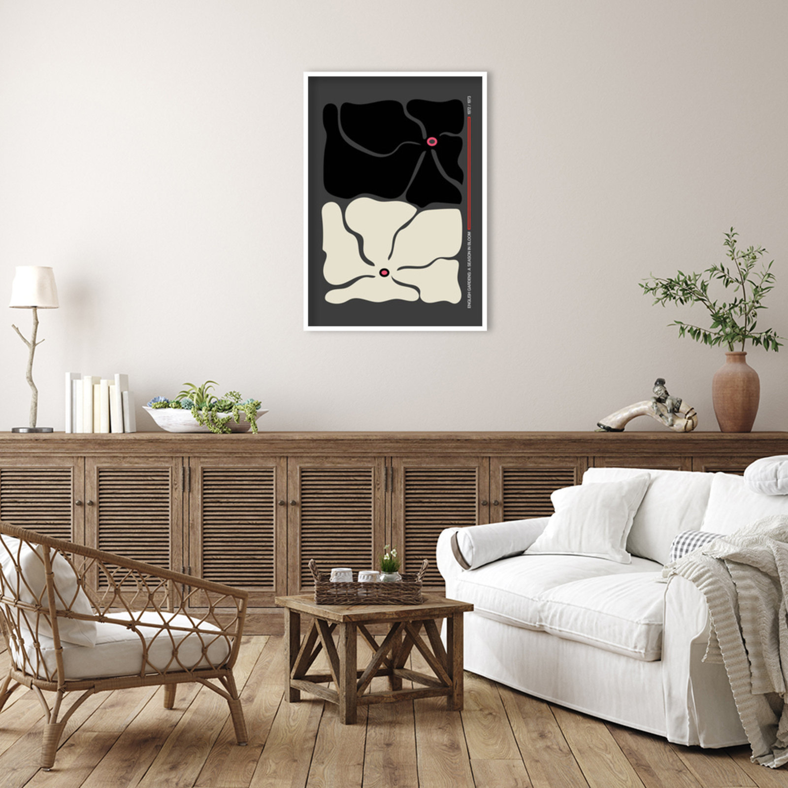 Two by Two Flower Grey Print, 41" H x 29" W x 1" D, White