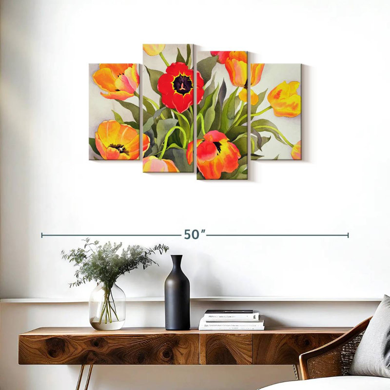 Harnek orange et tulipes rouges, H 22 po x l 36 po