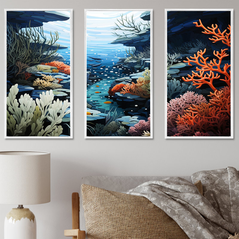 Scènes marines profondes - ensemble d'art mural corail sous l'eau, Cadre flottant blanc, H 32 po x l 48 po x P 1 po