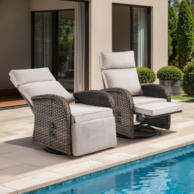 Esquer 59" Outdoor Wicker Poolside Reclining Swivel Chaise Lounge With Adjustable Recliner And Cushions by Lark Manor