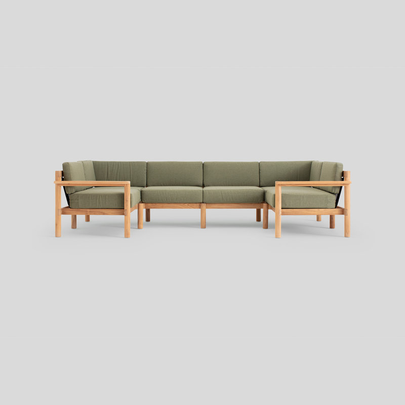 Haven 8-Piece U-Shaped Teak Outdoor Sectional with Sunbrella Cushions and Wooden Armrest, Sunbrella Leaf, 6