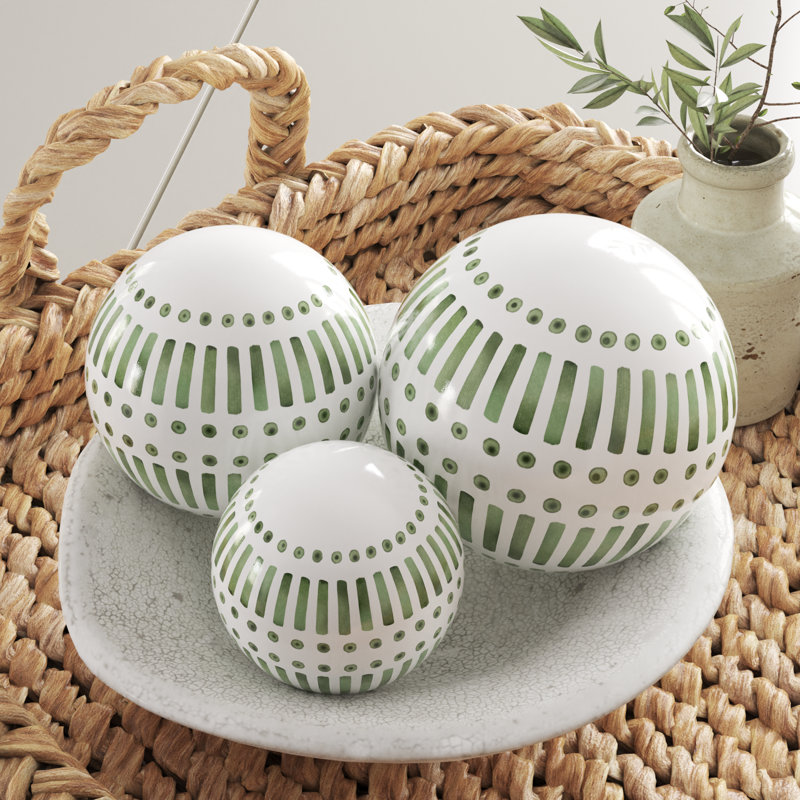 Neutral Modern Line Design Decorative Orb Set of 3, Green