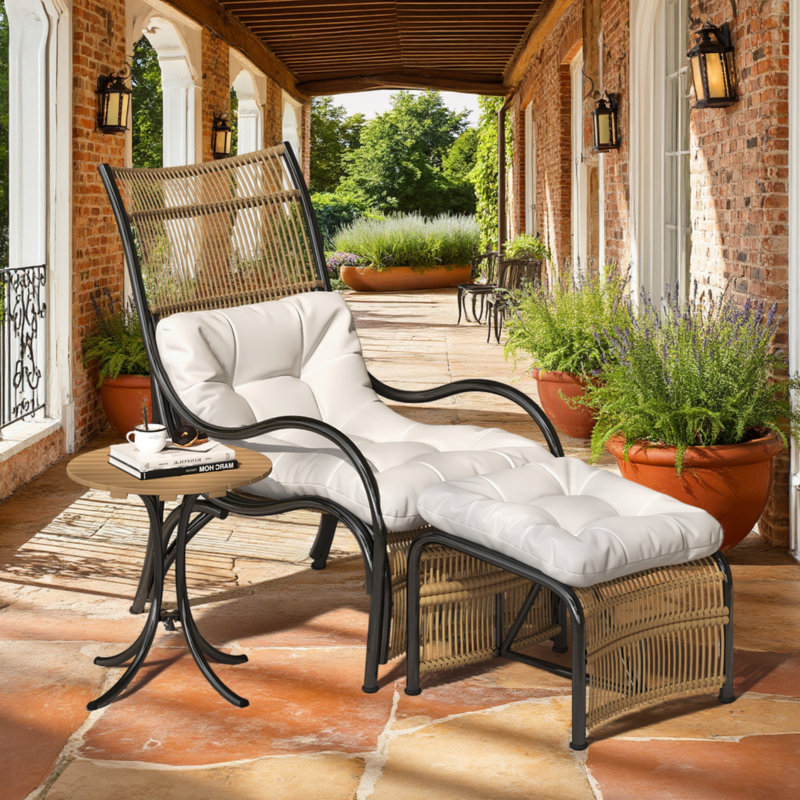 3-Piece Outdoor Wicker Chaise Lounge Set with Chair, Ottoman, and Acacia Wood Table, Brown