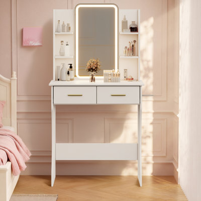 Makeup Vanity Desk with LED Lighted Mirror & Power Outlet & 2 Drawers Dressing Table
