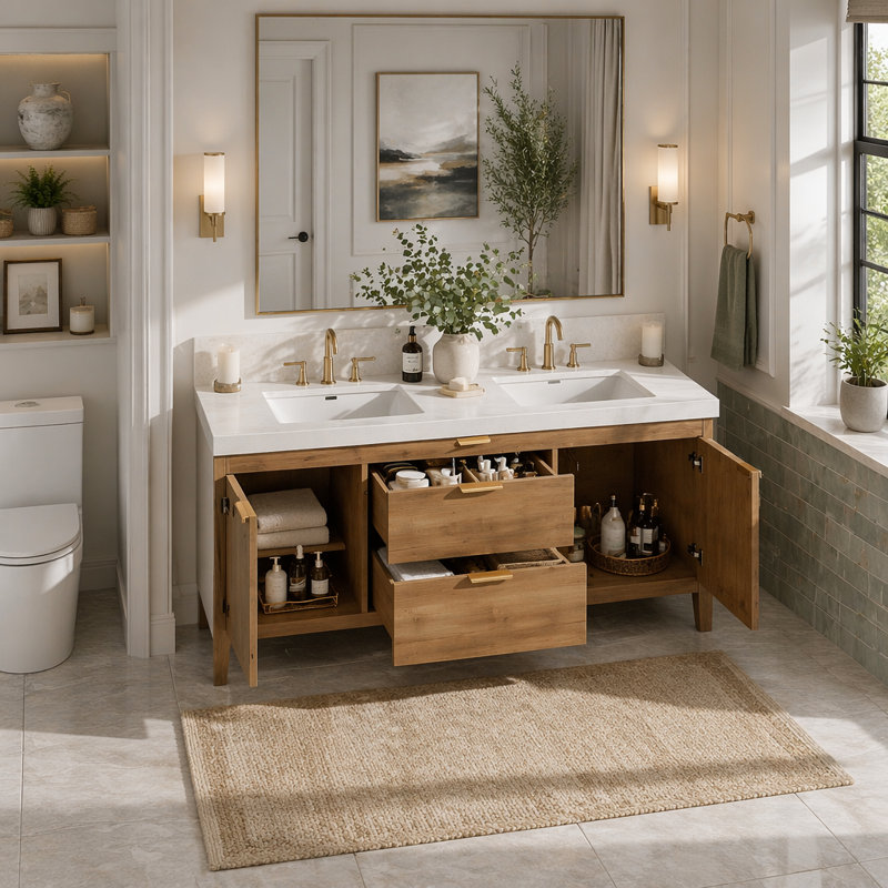 Meuble-lavabo double 59,3 po avec comptoir en SMC, armoire en panneau de fibres à densité moyenne, portes à fermeture en douceur, tiroirs divisés et meuble-lavabo mural moderne pour les grandes salles de bain
