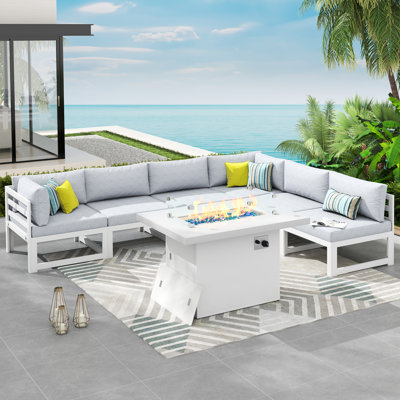 Tuyen 7-Piece 6-Person Outdoor Patio All-Aluminum Sectional Conversation Set with 60,000 BTU Fire Pit Table and 4" High-Resilience Foam Cushions