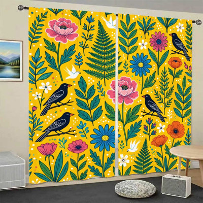 2 pièces de rideaux rétro oiseaux et fleurs, tissu double saison, imprimé circulaire mystérieux, protection de la vie privée filtrant la lumière, conception à passe-tringle, pour le salon, la chambre à coucher, le balcon et la cuisine