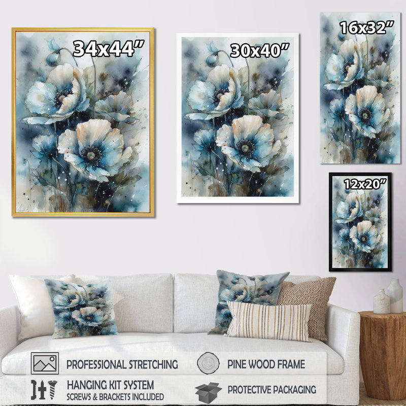 «Blue and White Poppy Bouquet Serenade I», reproduction sur toile, Cadre simple blanc, H 44 po x l 34 po x P 1,5 po