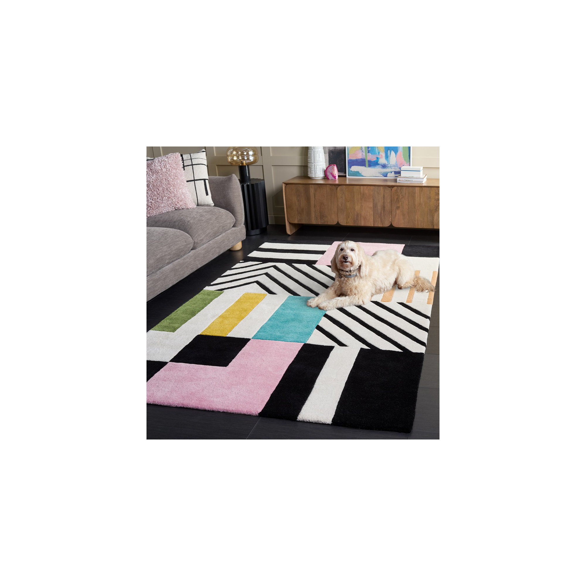 Tripoli Hand Tufted Wool Ivory/Black/Pink Rug, Rectangle 8' x 10'