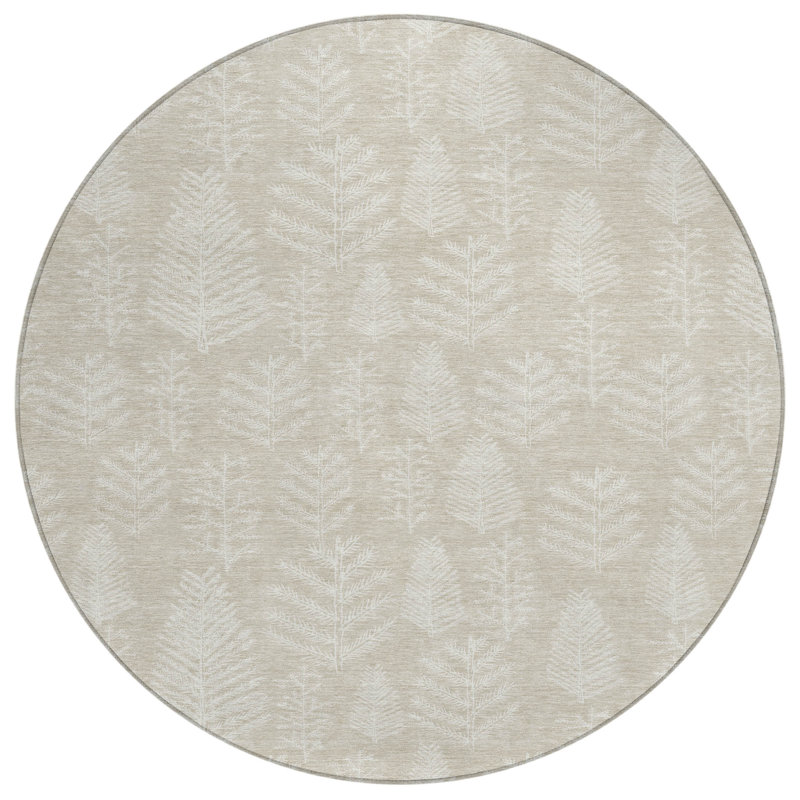 Machine Washable Indoor/Outdoor Christmas Pine Leaves Xhevrie Beige Rug, Round 8'