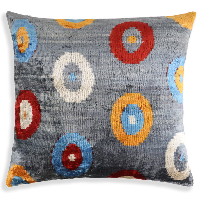 Coussin décoratif en velours de luxe fait à la main - Gris tissé à la main avec motif circulaire | Insert de plumes inclus