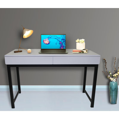 Home Office Study Writing Desk with 2 Drawers, Light Gray Top and Black Metal Frame Base