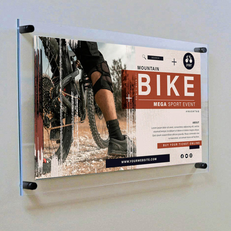 Floating Acrylic Wall Frame with Black Stand Off Caps: 18" x 24" Graphic Size, Overall Frame Size: 22" x 28"