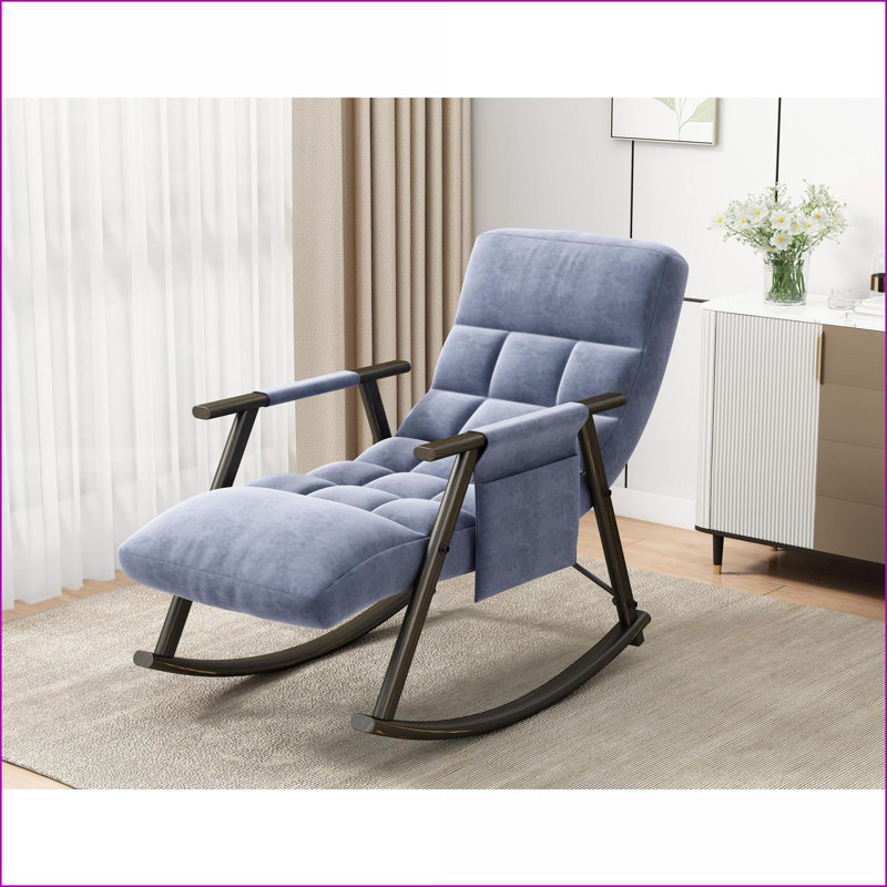 Chaise berçante pliante, rembourrée décontractée avec dossier / repose-pieds réglable, structure en fer massif, poches latérales | Bleu marine | Velours