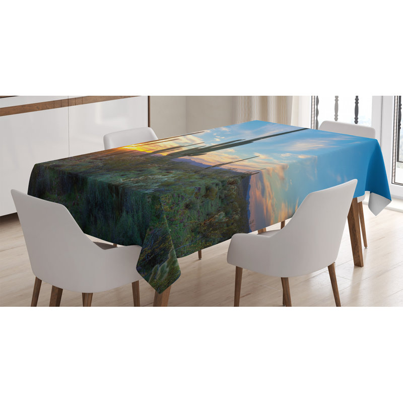 Ambesonne Saguaro Tablecloth, Sun Is Setting Between Cactus Plants With Spines Noon Landscape Wild Design, Rectangular Table Cover For Dining Room Kitchen Decor, 52" X 70", Green Blue