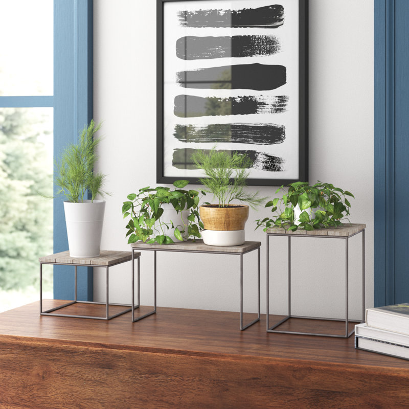  Ensemble de trois plateaux décoratifs transitionnels en bois et métal gris anthracite naturel H et bois