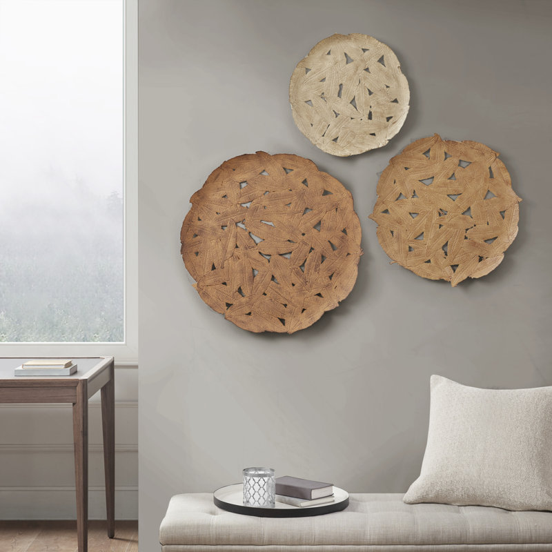 Textured Feather 3-piece Metal Disc Wall Décor Set, Spice