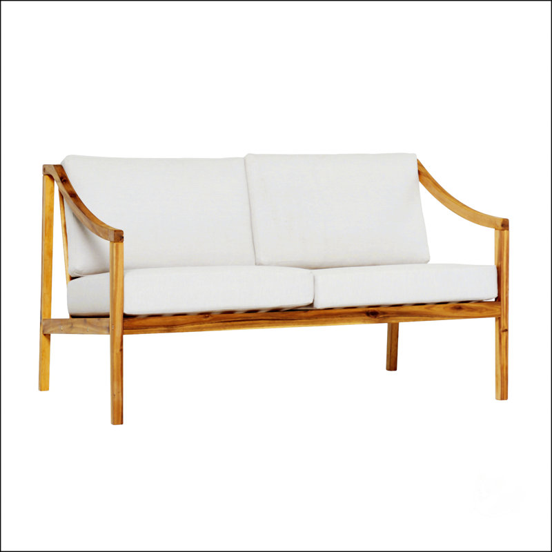 Natural Solid Acacia Wood Curved Arm Outdoor Loveseat with Beige Cushions