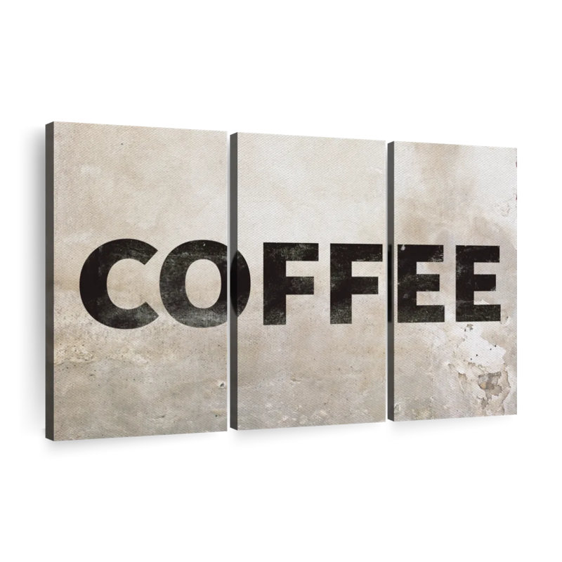 «Coffee Grunge Signage», ensemble de 3 impressions sur toiles par Vintage Charm Collective, H 24 po x l 38 po x P 1,25 po