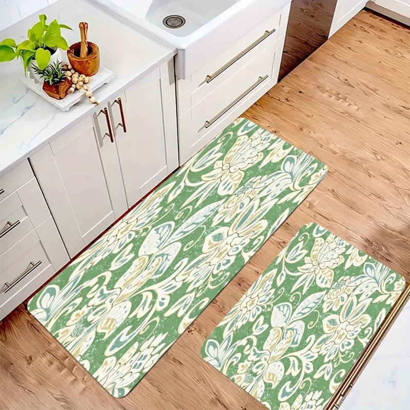 Ensemble de 2 tapis de cuisine rétro à feuilles vertes et fleurs
