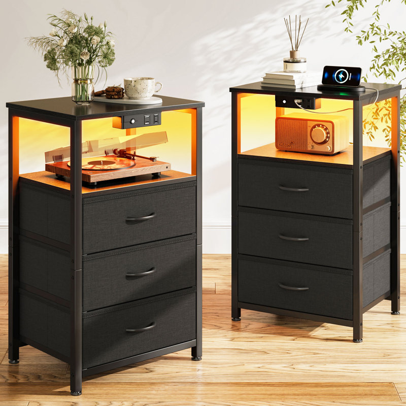 Nightstand With 3 Fabric Drawers,modern Bedside Table With Power Outlets,everyday Side Table With Led Light Strip,end Table With A Large Storage Shelf(2 Set)