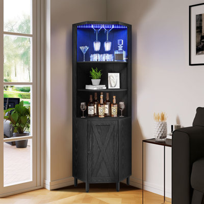 Breasia 67" Height Corner Bar Cabinet with Wine Storage, 5 Tier Corner Shelf with LED Lights & Glass Holder