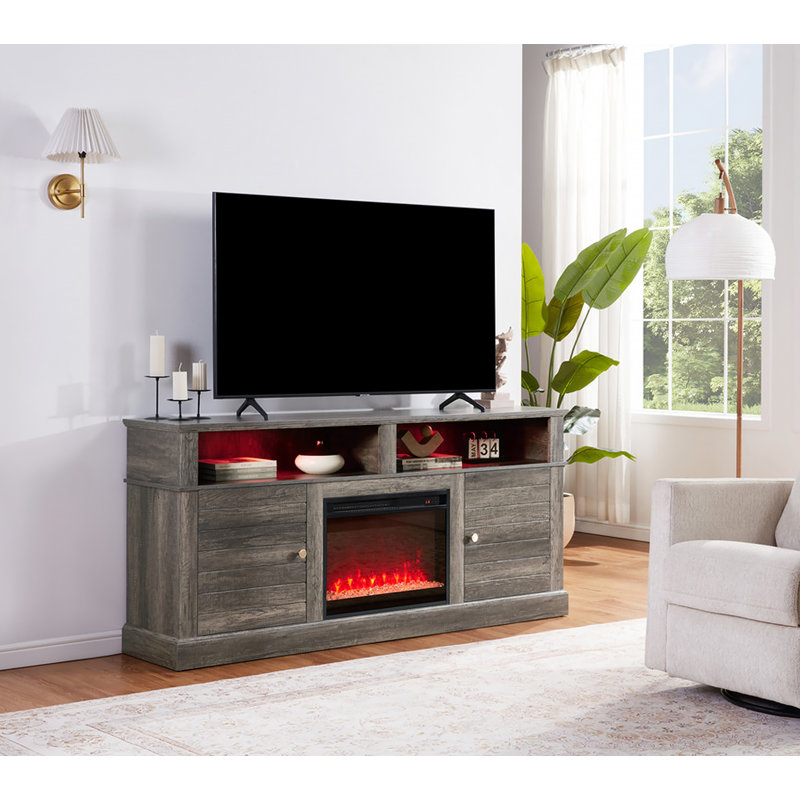 Meuble télé avec foyer et chauffage, armoire de rangement avec lumière DEL pour téléviseur de 65 po ou moins