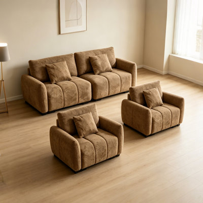 Brown Boucle American Tufed Living Room Set (1 Loveseat And 2 Chairs)