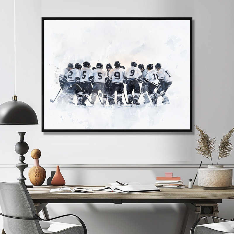 Équipe de hockey avant un match I - Art de hockey sur toile, 34" H x 44" W, Noir
