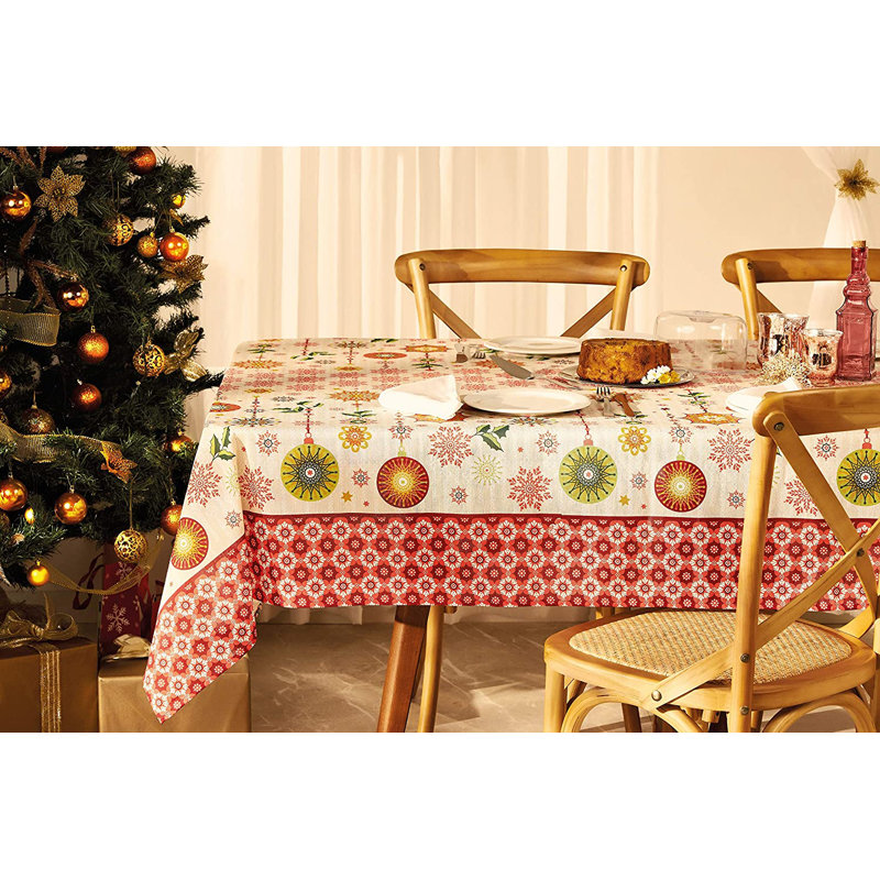 Aavah Christmas Holiday Tablecloth in Cream and Red Color Printed with Ornaments and Snowflakes, 55"W x 83" L