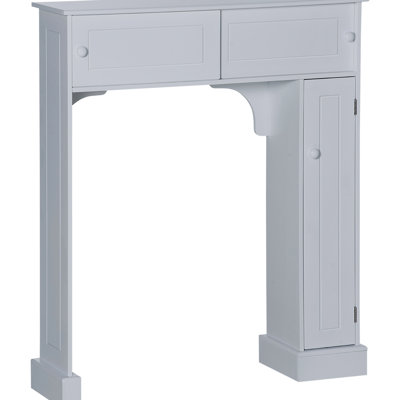 Armoire de toilette grise avec tablettes réglables et unité de rangement de style salle de bain contemporaine dans un espace gris et bien rangé