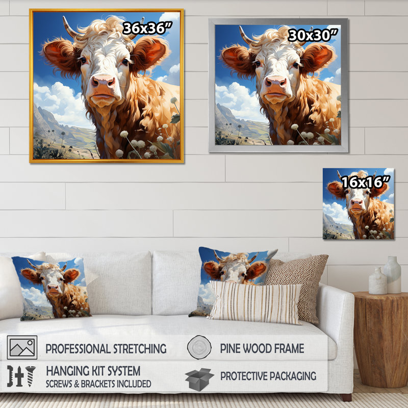 Portrait de vache dans une prairie fleurie - vache, art mural, H 30 po x l 30 po x P 1,5 po, Toile tendue