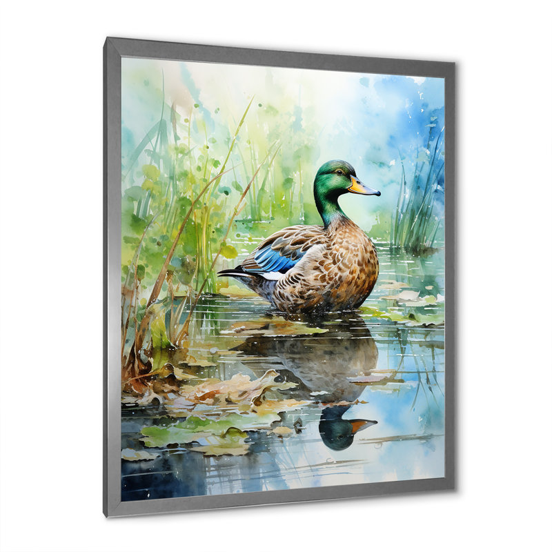 Duck Pond Reflections I - Duck Animal, art mural, Cadre simple argenté, H 20 po x l 12 po x P 1 po