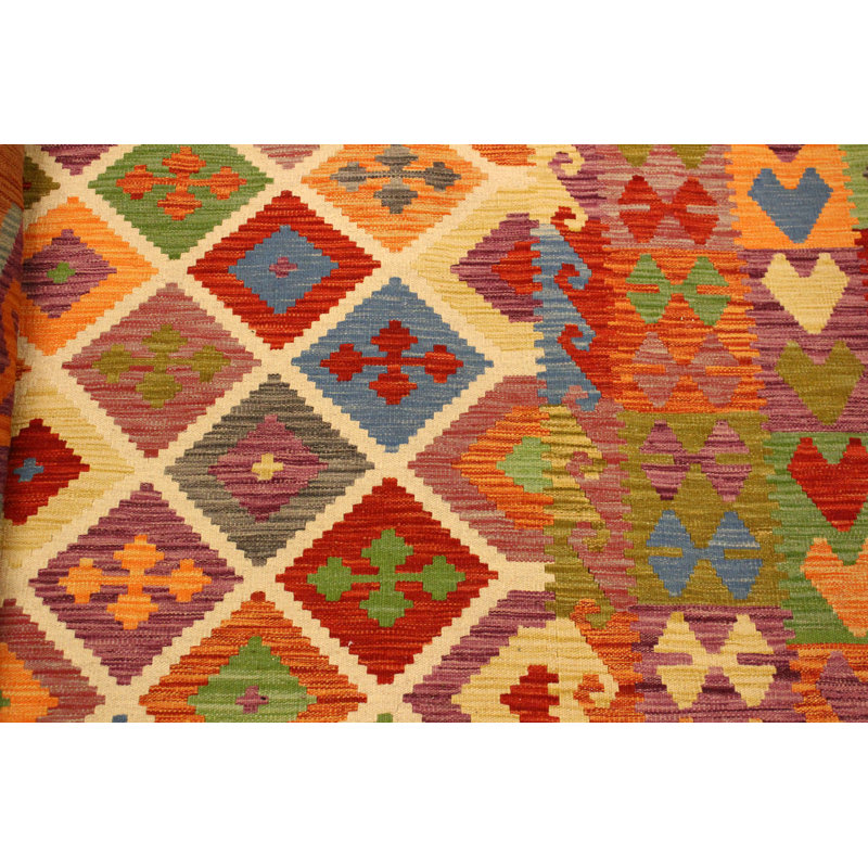 Tapis orange / beige / bleu en laine noué à la main à motif géométrique 8 pi 3 po x 9 pi 9 po Sinclair