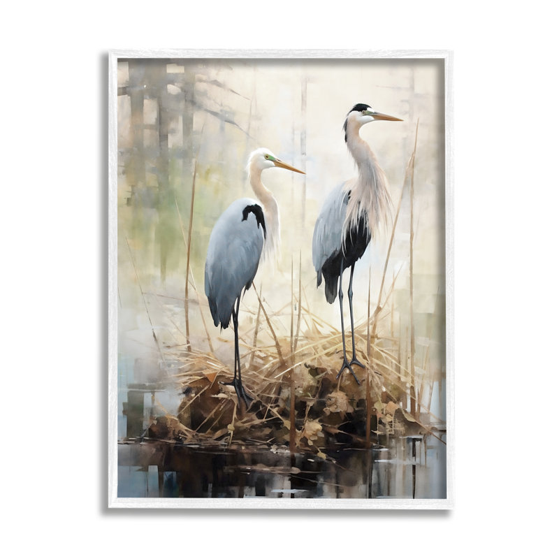 Az-184-Grues encadrées dans un étang naturel, Giclée encadrée blanc bord de mer, H 30 po x l 24 po x P 1,5 po
