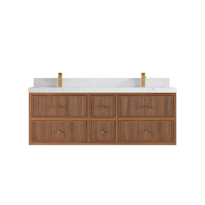 Sonoma Floating Teak 60 " W Wall Mounted Wall Mounted 2 Double Vanity Bathroom Vanity With Quartz Top