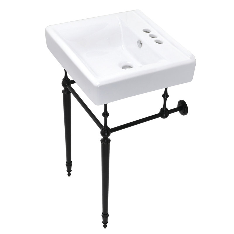 Kingston Brass Edwardian 20-Inch Porcelain Console Sink with Brass Legs (4-Inch, 3-Hole), White/Matte Black