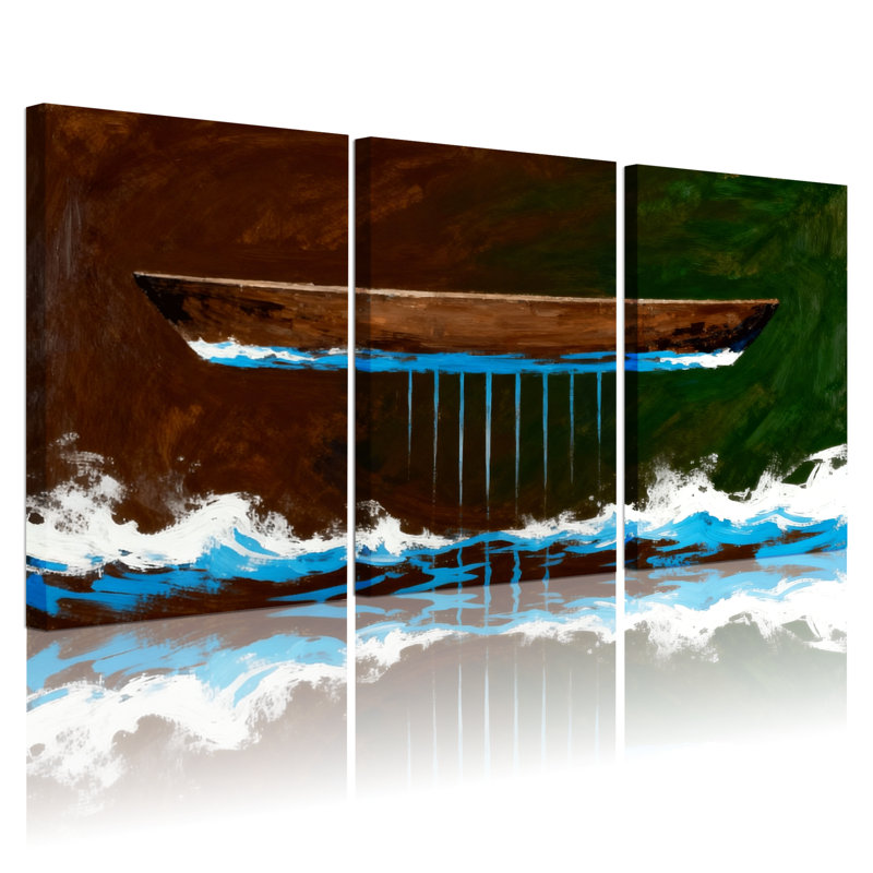Nautique et plage, bateau sur l'eau avec reflets et vagues, ensemble de 3 impressions sur toile, H 18 po x l 36 po