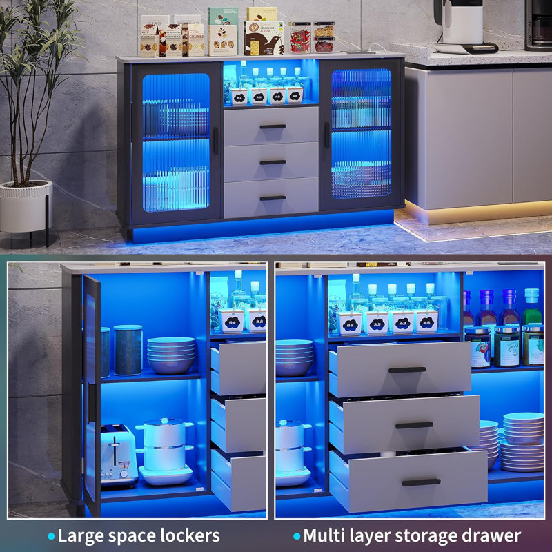 LED Coffee Bars with 24 Colours Lighting, Modern Coffee Station with Motion Sensor, Home Coffee Nook Table for Dining Room, Kitchen Buffer Sideboard with Storage Cabinet (Matte Grey)