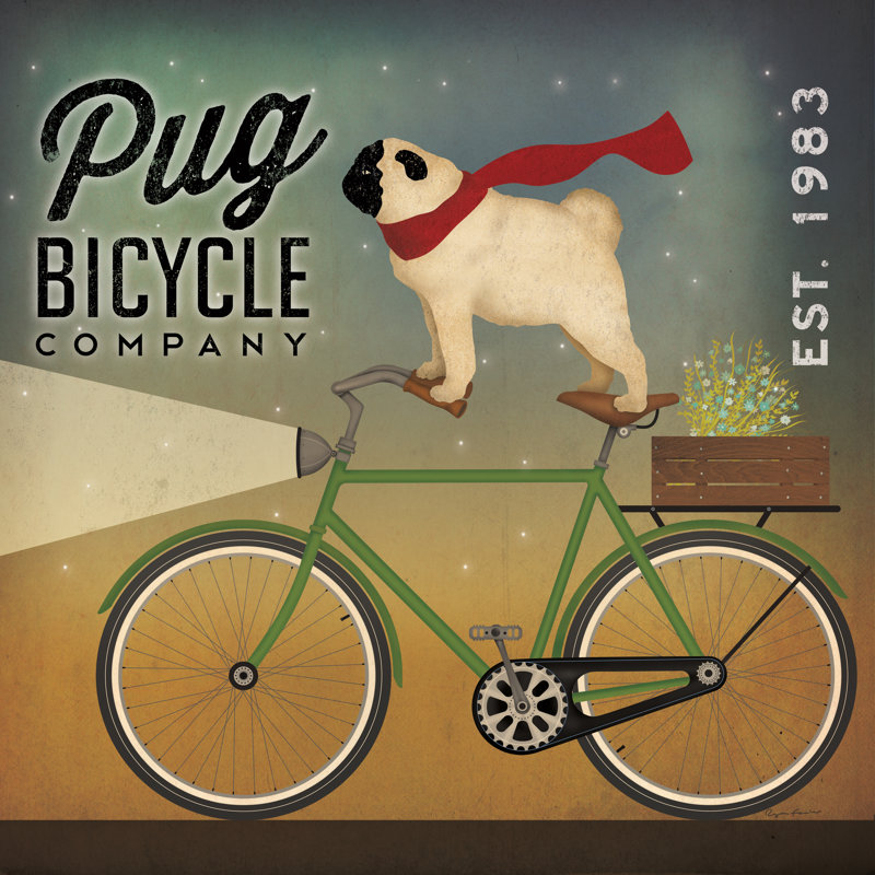 «Pug on A Bike» par Ryan Fowler - art textuel sur toile tendue, H 12 po x l 12 po, Toile tendue, Non